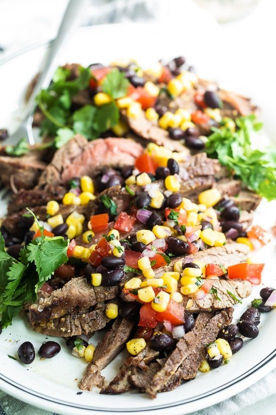 Grilled Flank Steak with Black Beans Corn and Tomatoes | Less Meat More Veg