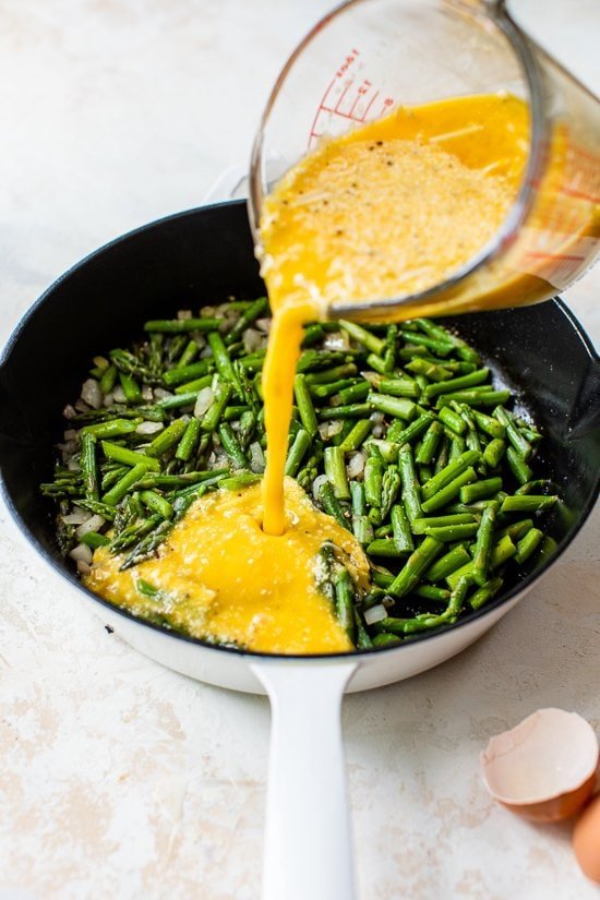 asparagus and eggs in a pan