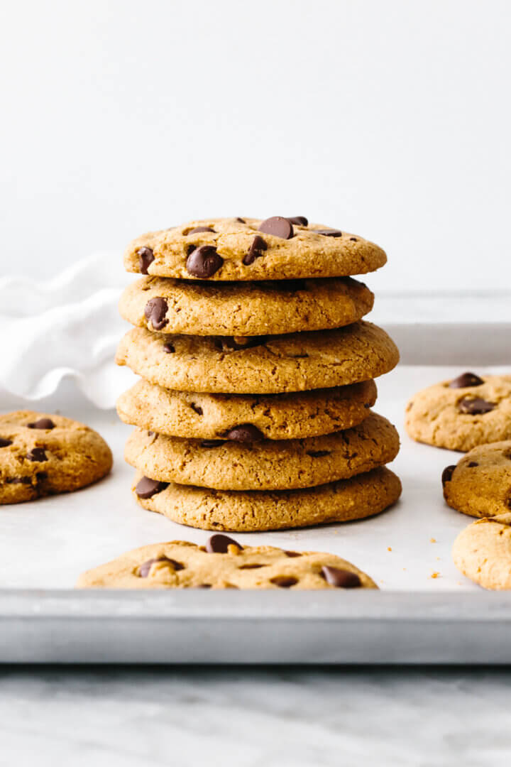 A stack of gluten-free chocolate chip cookies. 