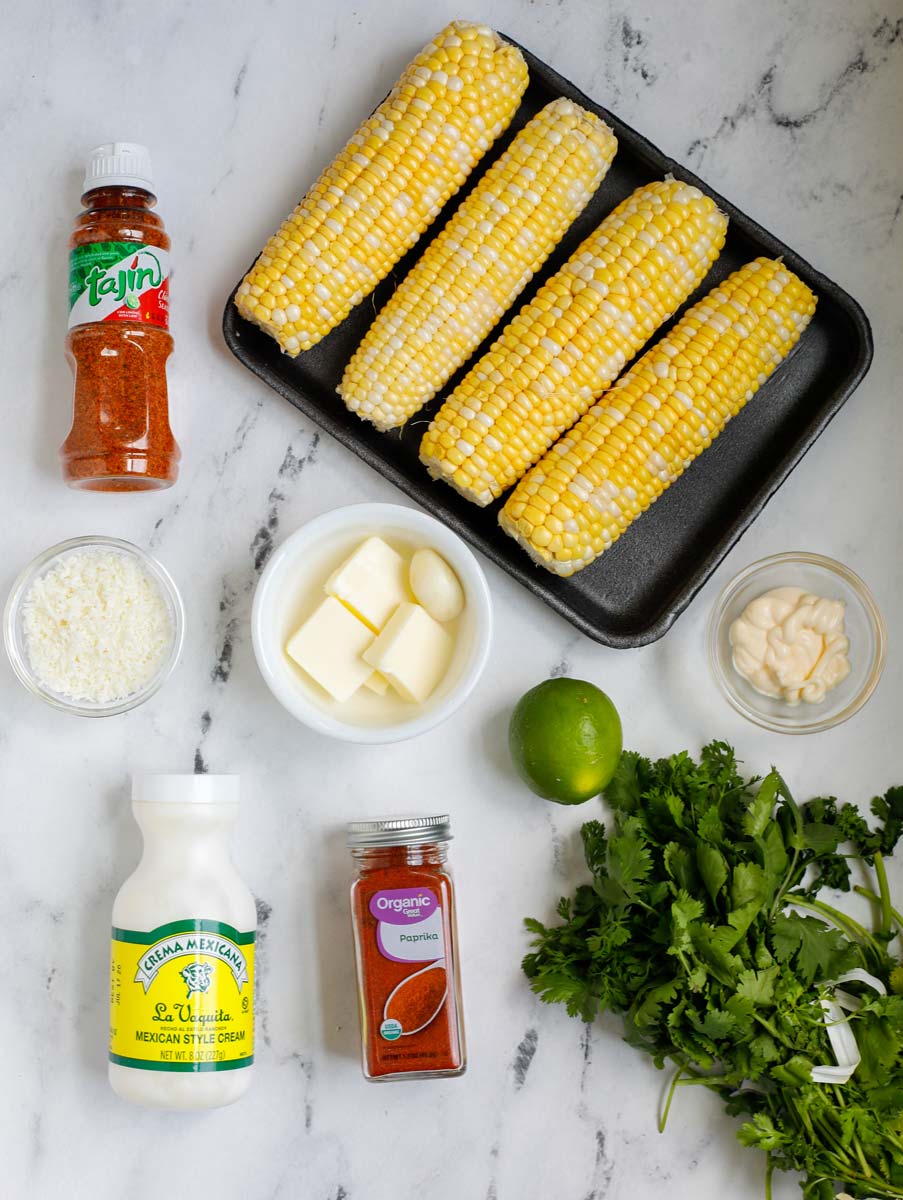Overhead view of ingredients needed to make Mexican corn.