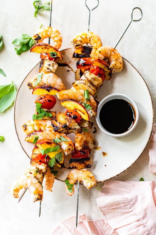Shrimp Skewers with Peaches and Tomatoes