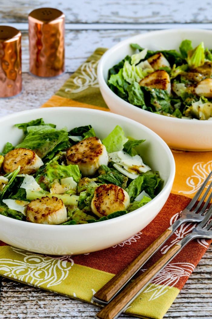 Warm Scallop Caesar Salad in two serving bowls