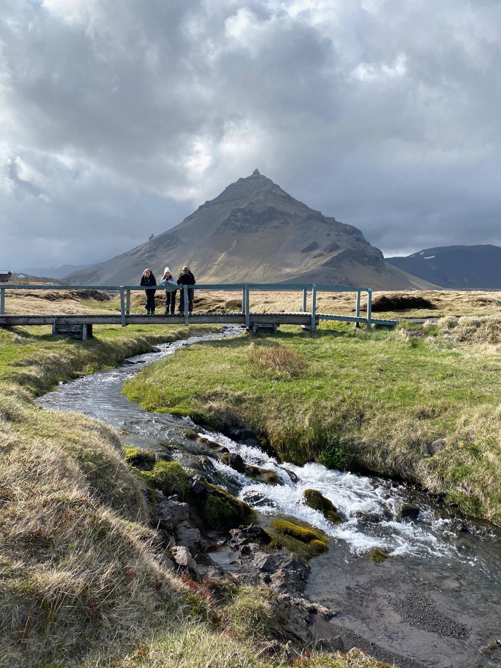 Family on small bridge overlooking a creek in Iceland. 