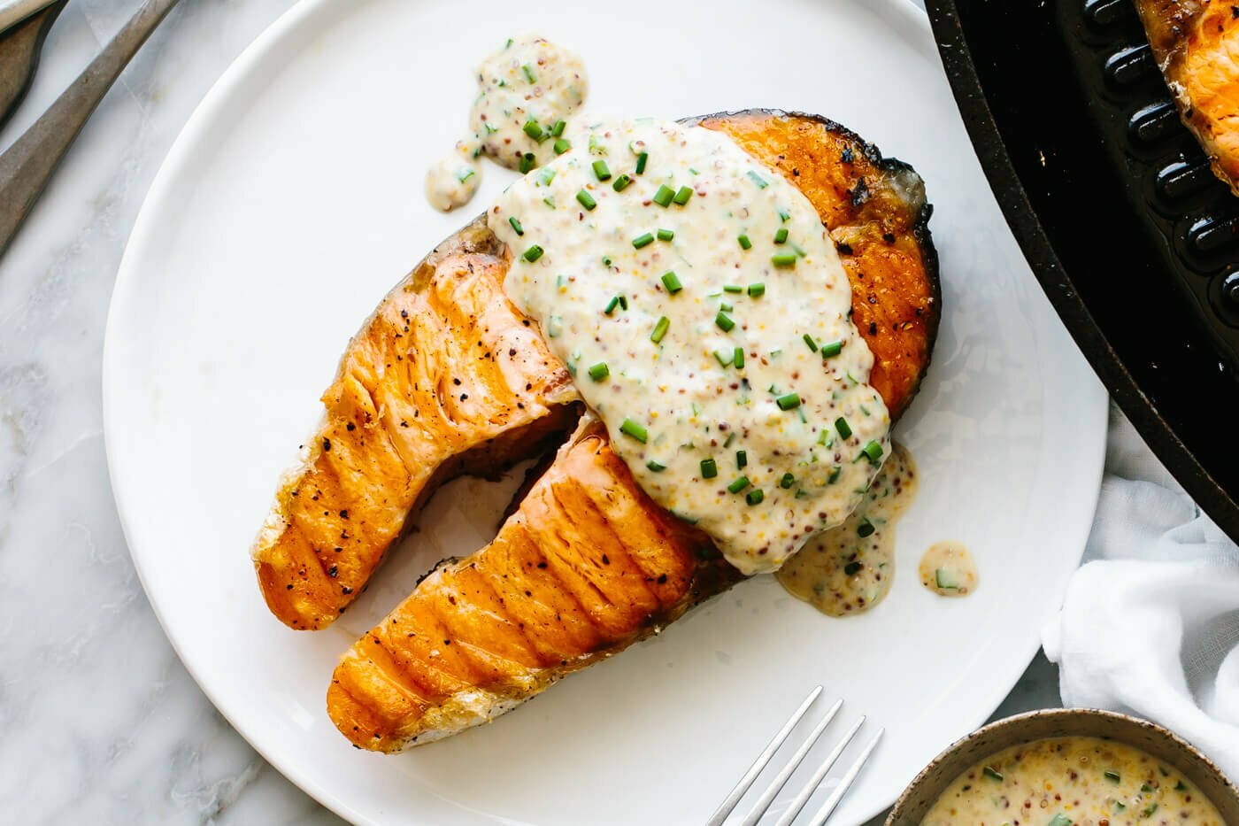 Grilled Salmon Steaks with Creamy Mustard Chive Sauce