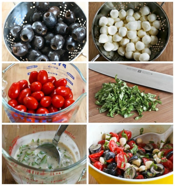 Tomato, Olive, and Fresh Mozzarella Salad process shots collage
