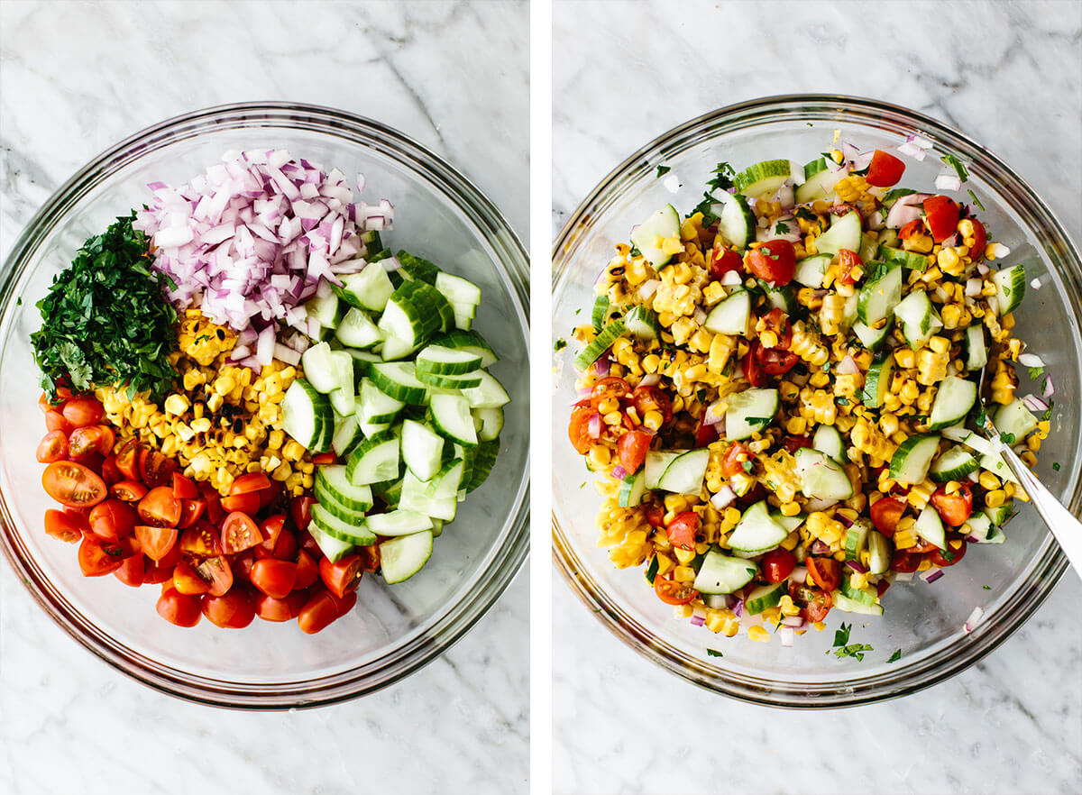 Tossing a grilled corn salad together in a bowl.