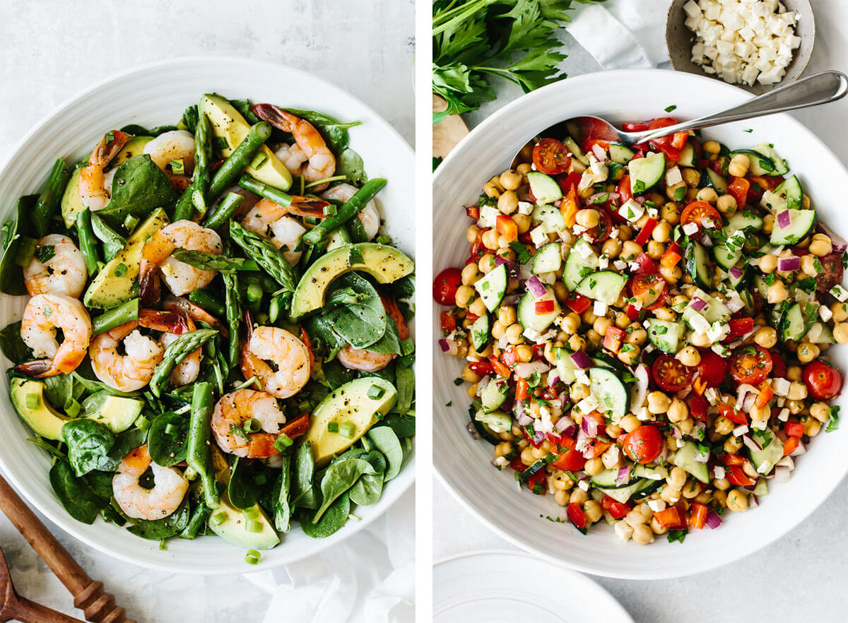 Healthy salad recipes with chickpea salad and shrimp salad