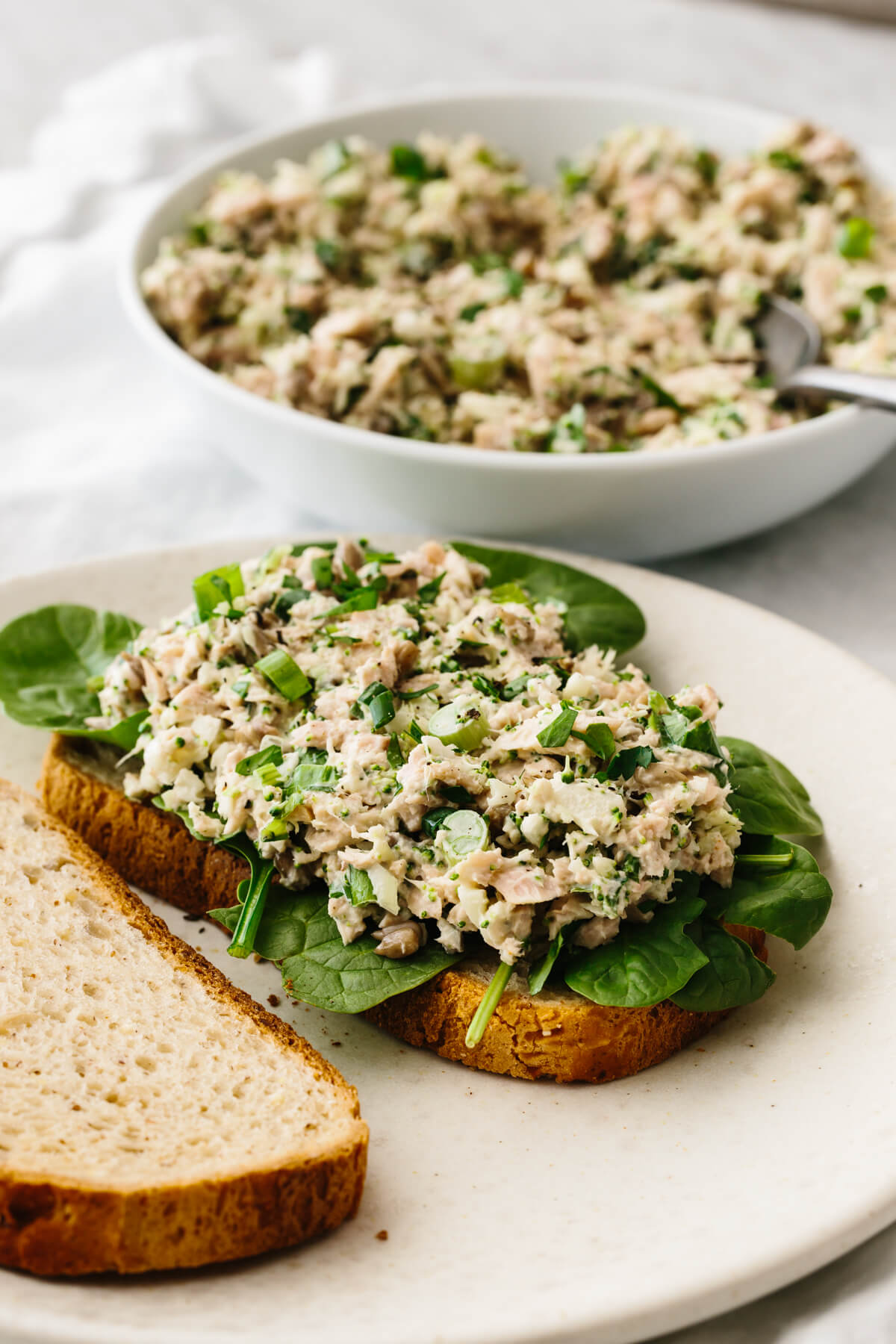 Broccoli tuna salad on bread with lettuce.