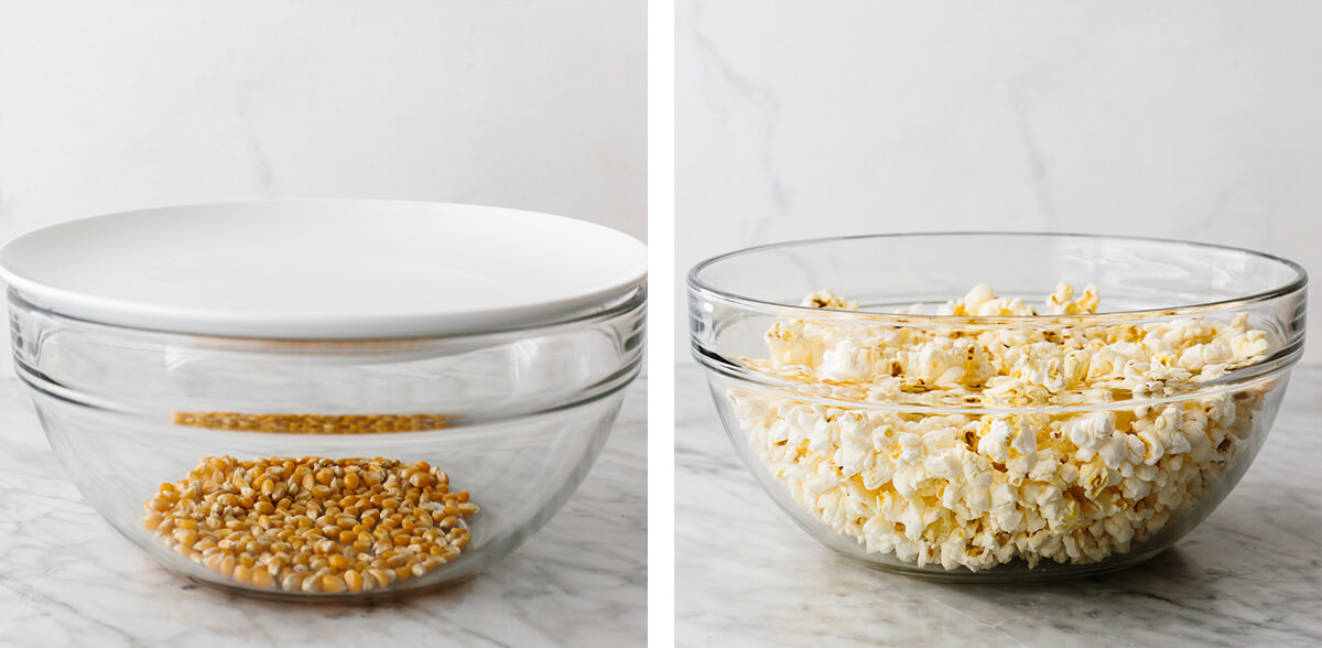 Making microwave popcorn in a glass bowl.