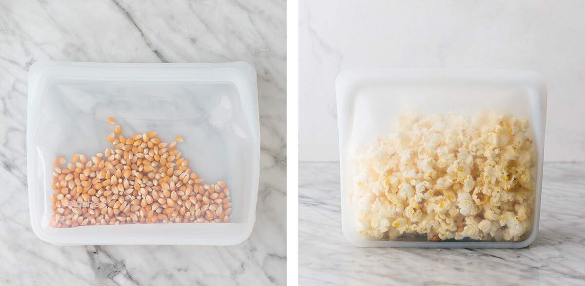 Making microwave popcorn in a silicone bag.