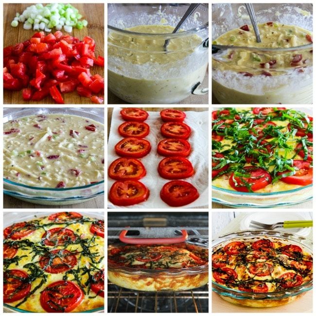 Crustless Three-Cheese Tomato-Basil Quiche process shots collage