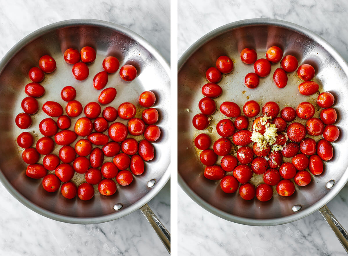 Cooking blistered tomatoes in a metal pan.