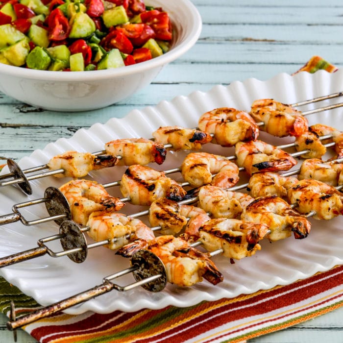 Grilled Shrimp Skewers square thumbnail image of shrimp on serving plate with salsa in bowl