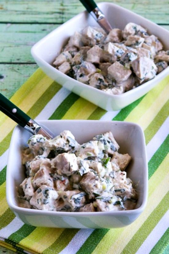 Low-Carb Chicken Salad with Basil and Parmesan found on KalynsKitchen.com