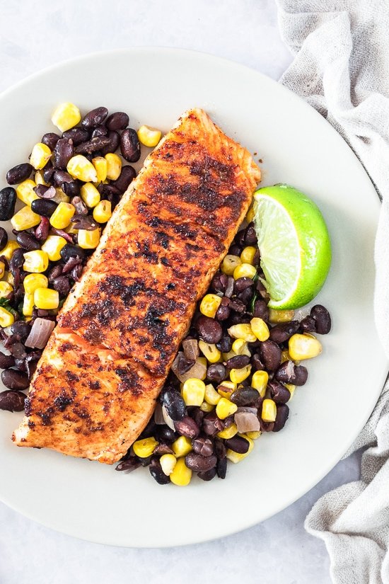 Smoky Spice Rubbed Grilled Salmon with Black Beans and Corn