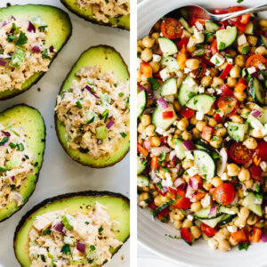 Healthy lunch ideas including chickpea salad and tuna salad