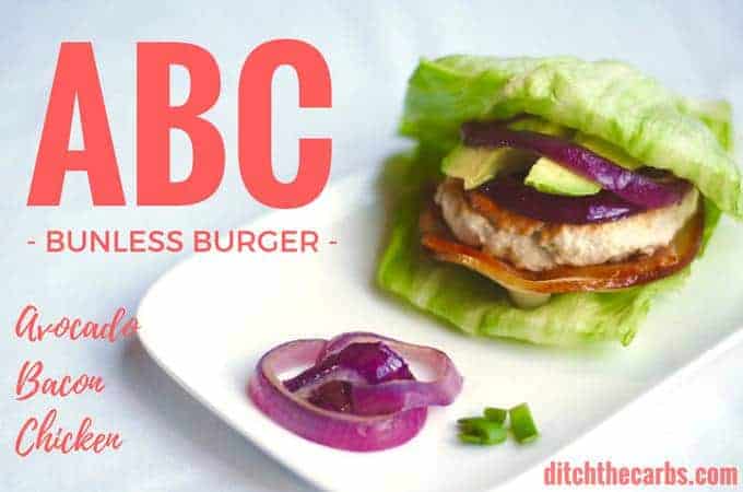 ABC bunless burger served with lettuce and onion rings
