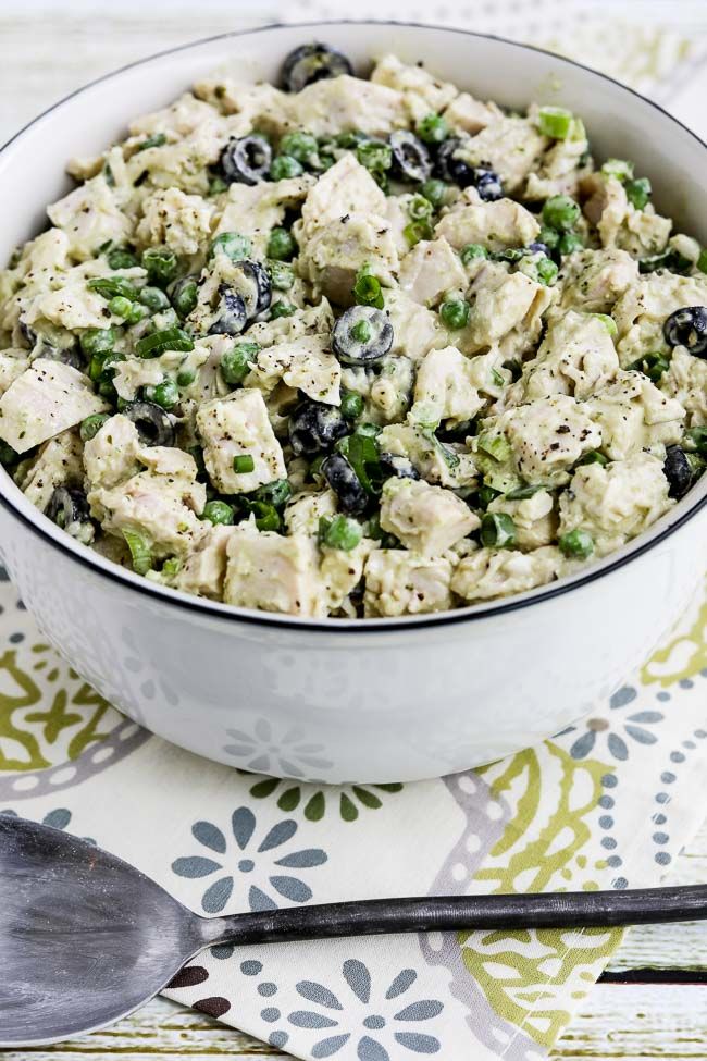 Close-up photo for Low-Carb Chicken Pesto Salad with Olives and Peas