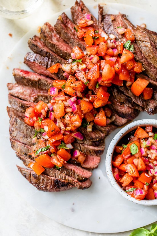 Grilled Steak With Tomatoes, Red Onion and Balsamic | Less Meat More Veg