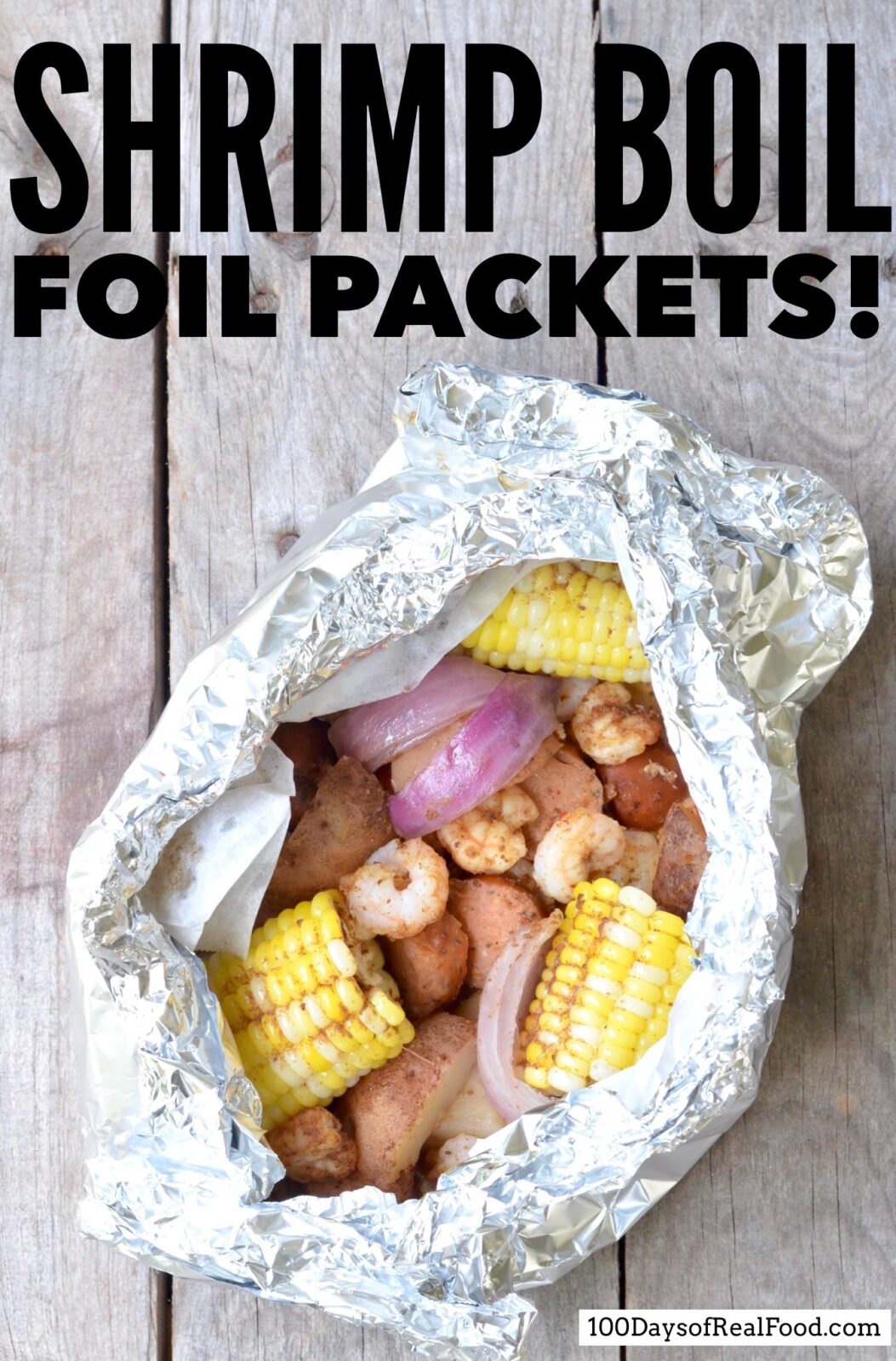 Shrimp, potatoes, onions, and corn together in a foil packet. 