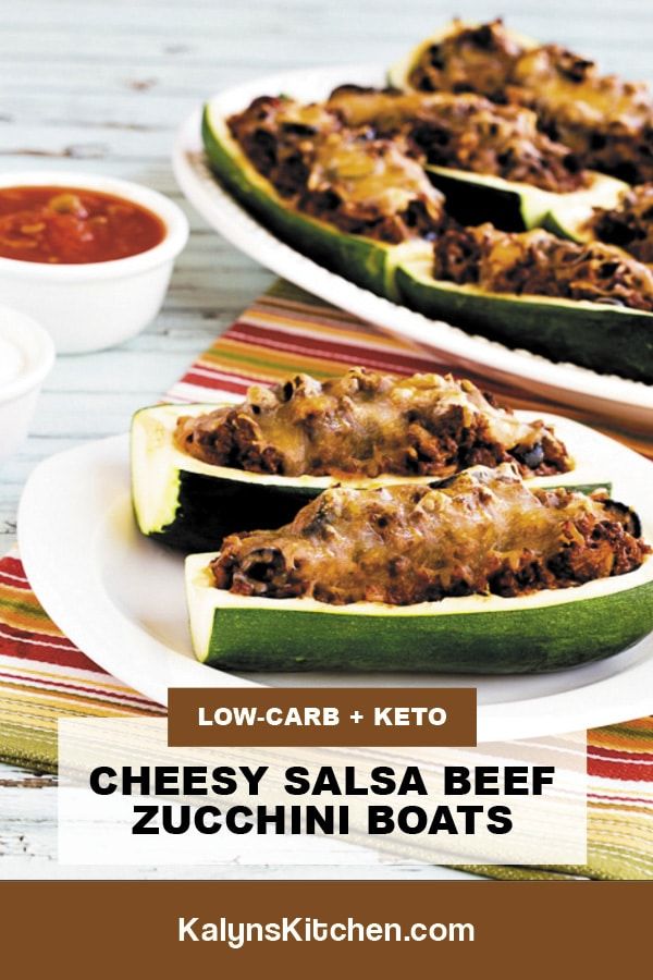 Pinterest image of Cheesy Salsa Beef Zucchini Boats