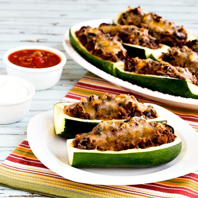 square thumbnail image of Cheesy Salsa Beef Zucchini Boats cooked and on serving plate
