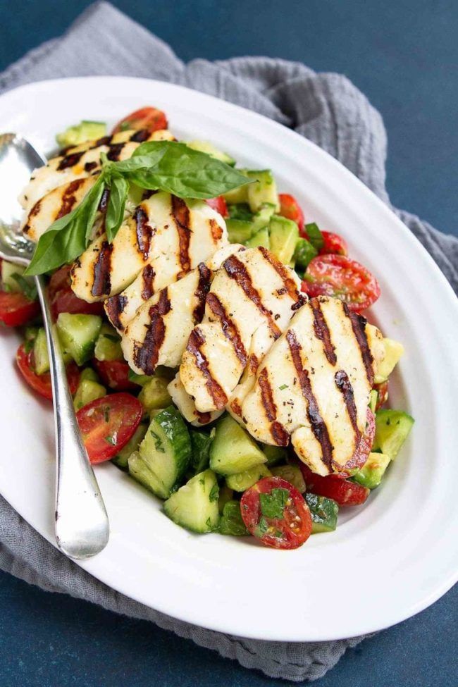 Cucumber Tomato Avocado Salad with Grilled Halloumi from Cookin' Canuck