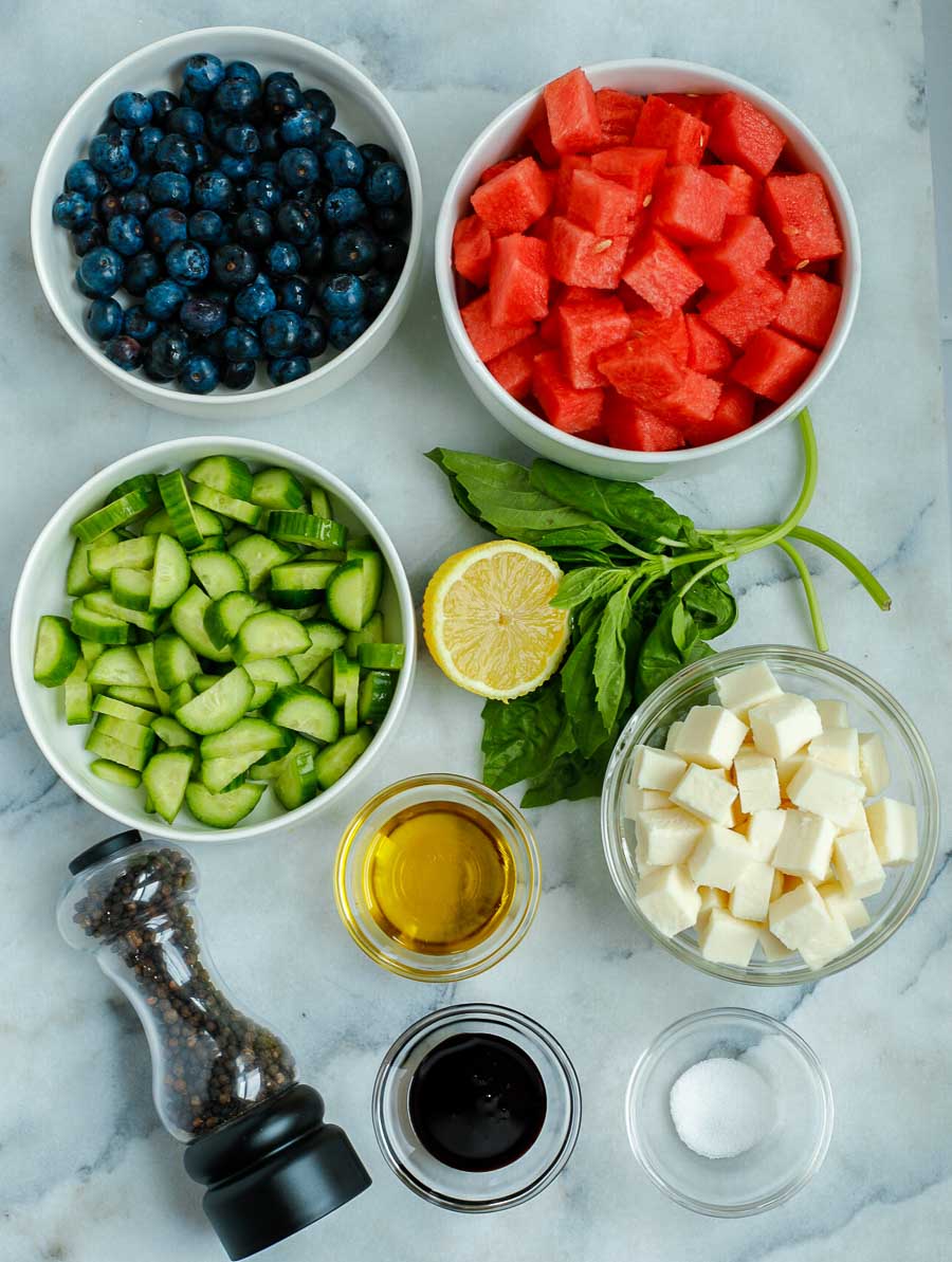 ingredients of the watermelon feta salad laid out