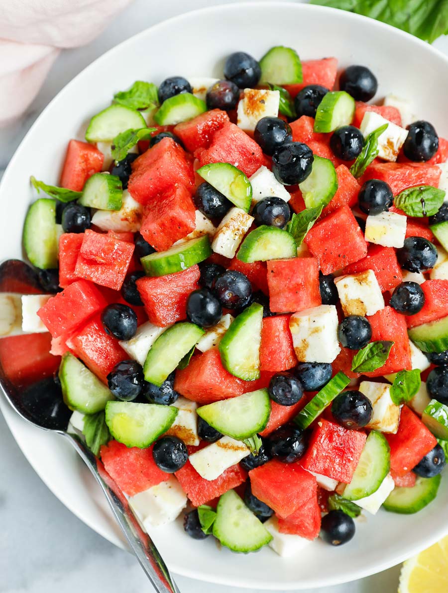 top down shot of the watermelon feta salad in a white bowl