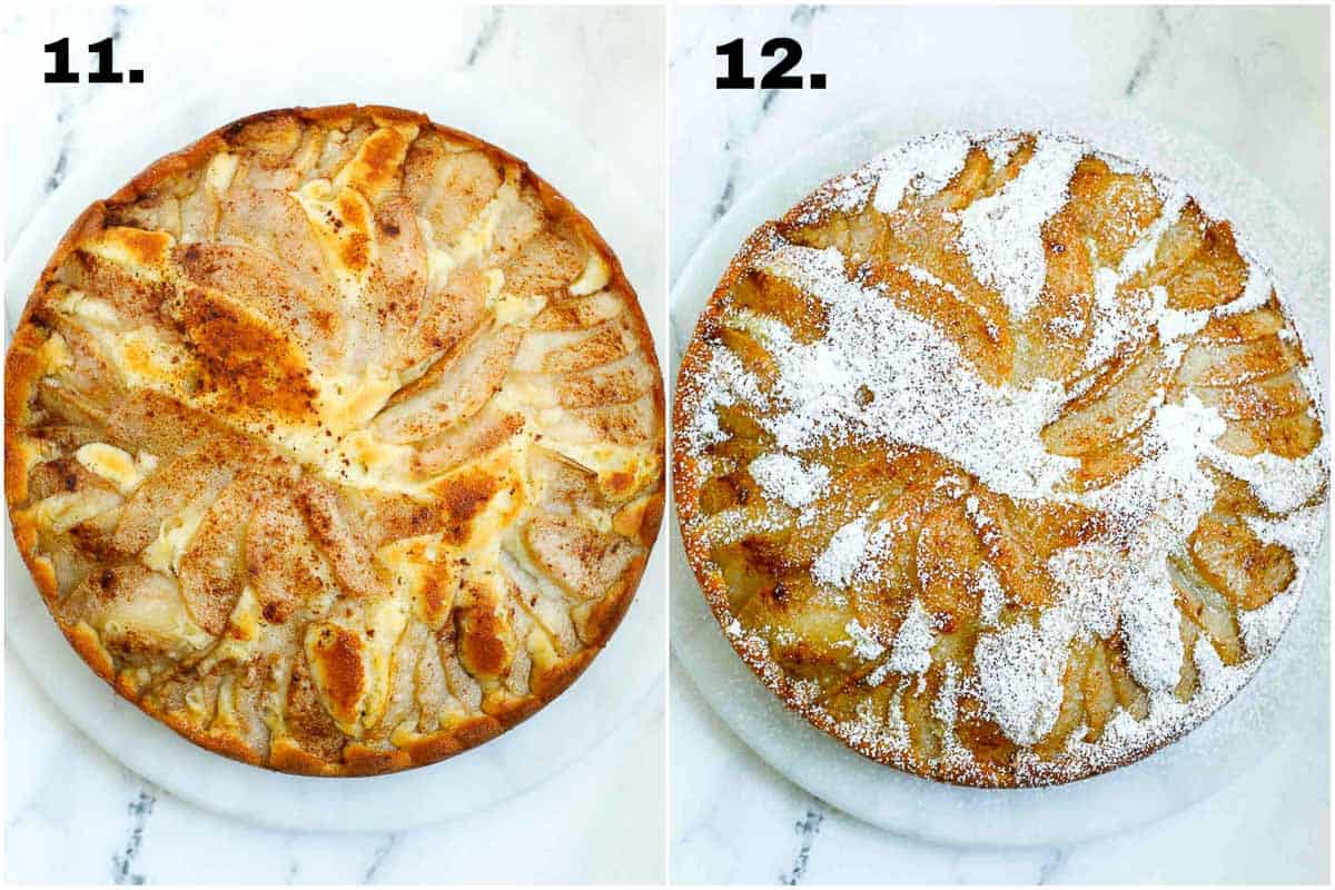pear cake before and after dusting with powdered sugar.
