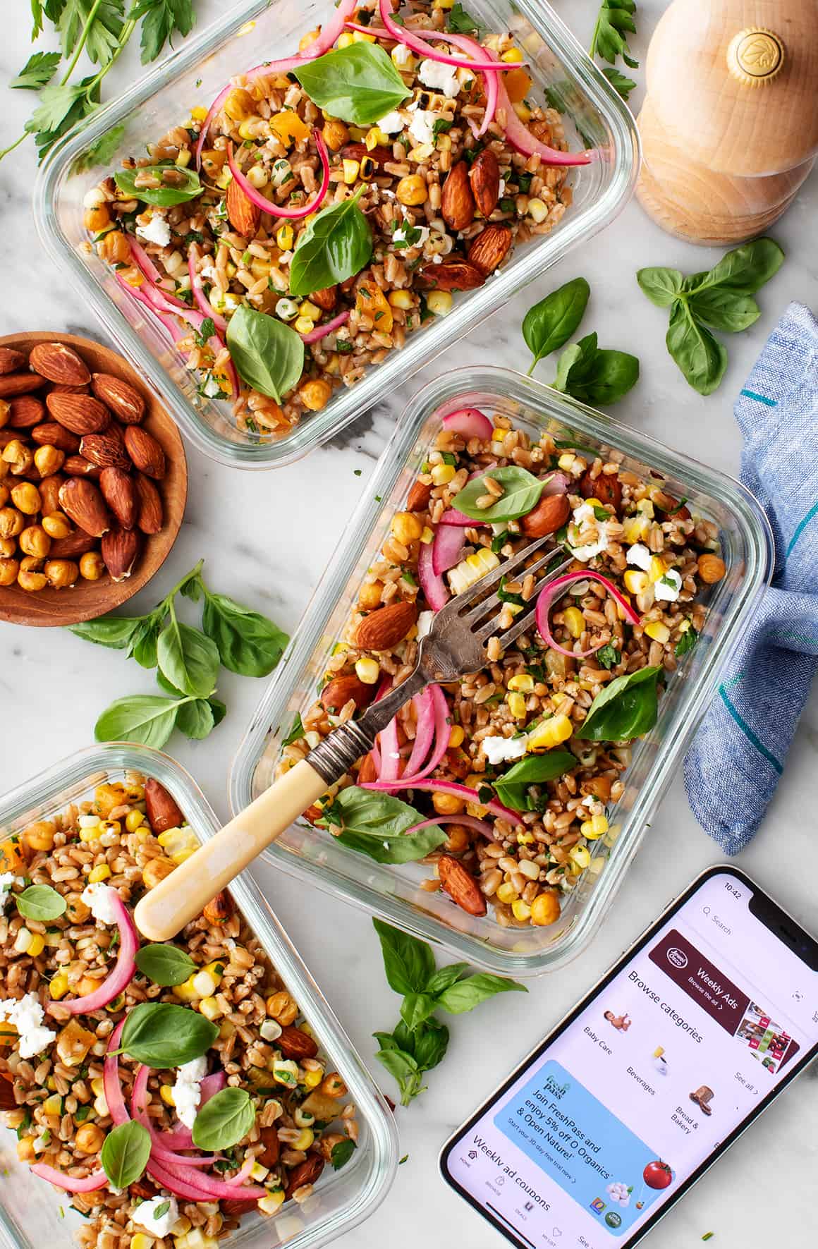 Grain salad in meal prep containers