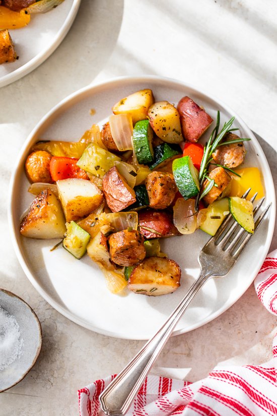 sausage, bell peppers, zucchini and potatoes