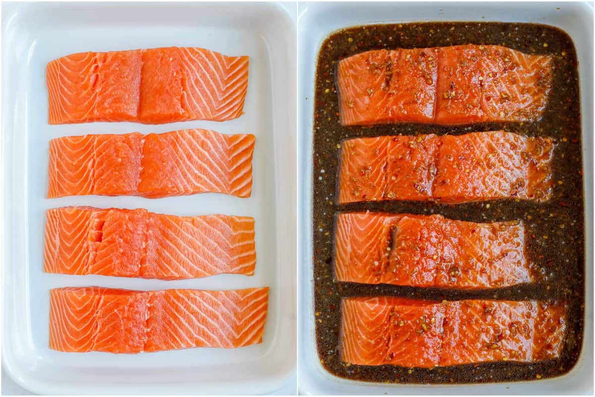 Salmon in a container, marinated with teriyaki sauce.