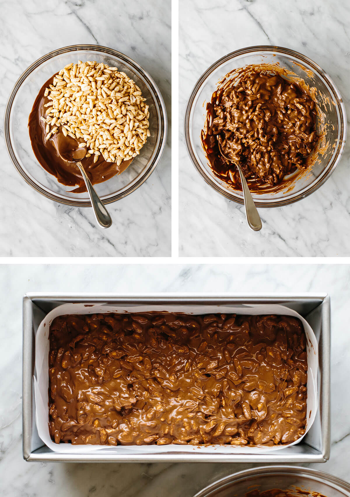 Stirring chocolate crunch bar ingredients and pouring into a loaf pan.