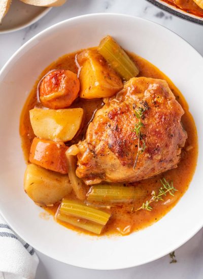 Healthy Chicken Stew recipe served on a white plate
