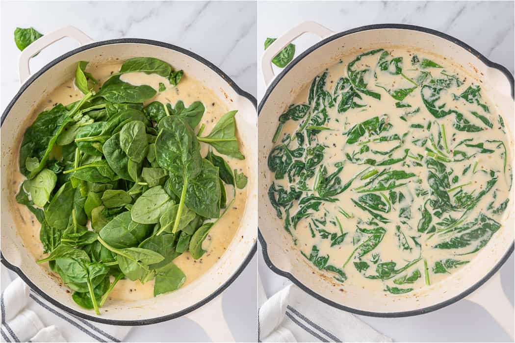 spinach leaves in the florentine sauce before and after it got cooked