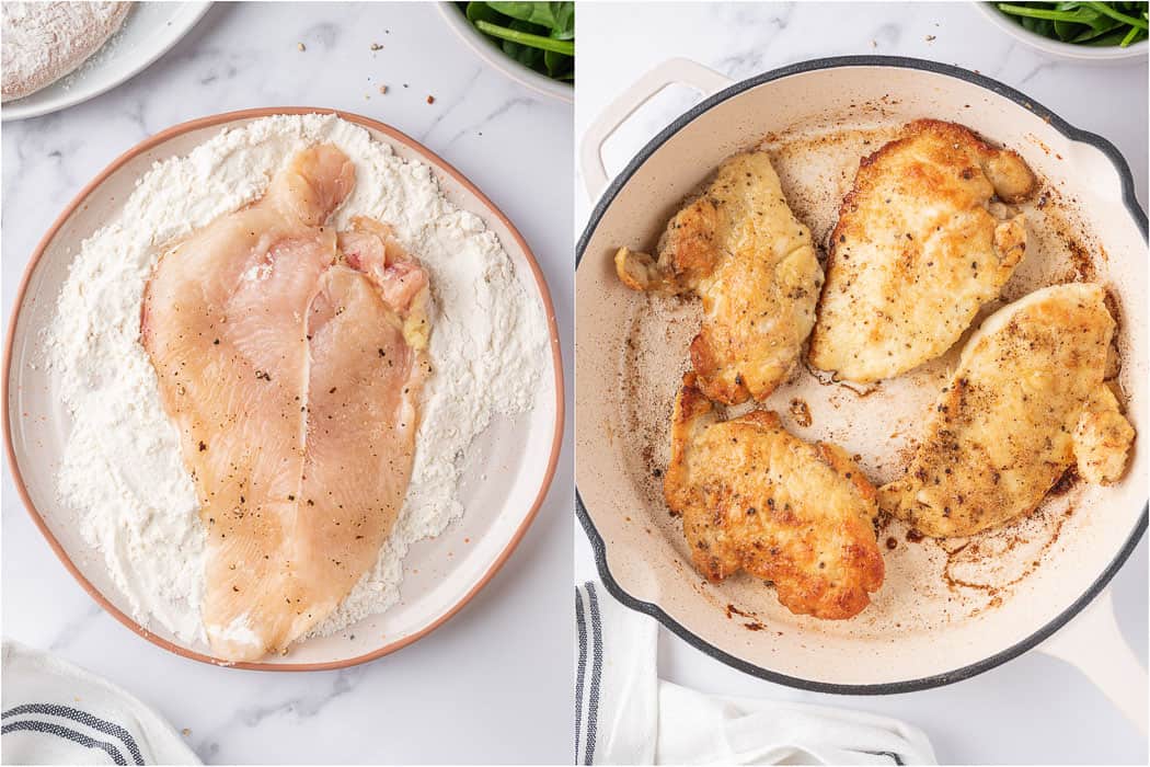 raw chicken drenched in flour and after pan searing in a skillet