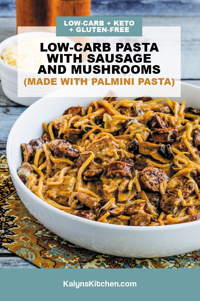 Pinterest image for Low-Carb Pasta with Sausage and Mushrooms