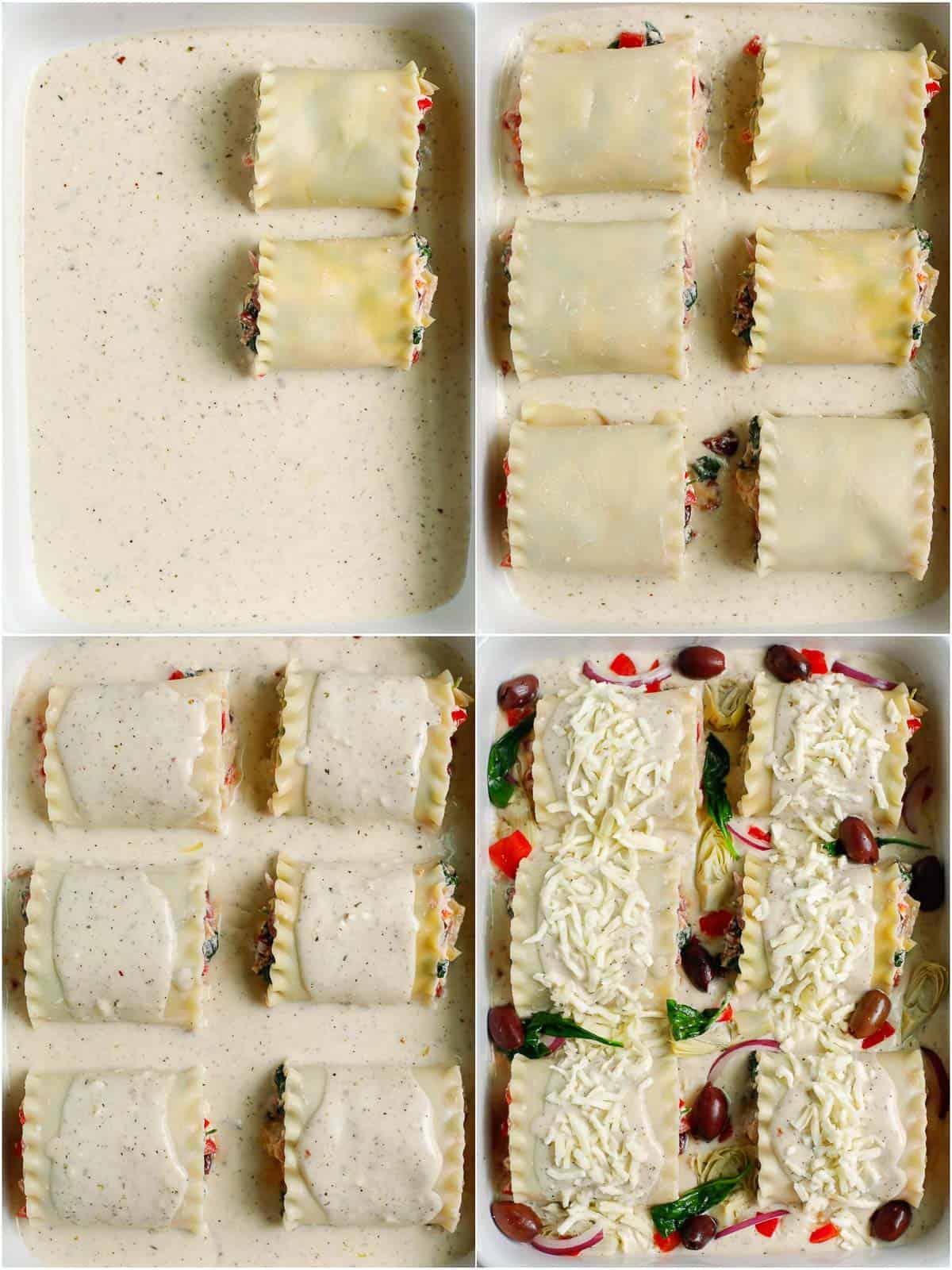 rolls of Greek alfredo lasagna placed in a baking dish with topping