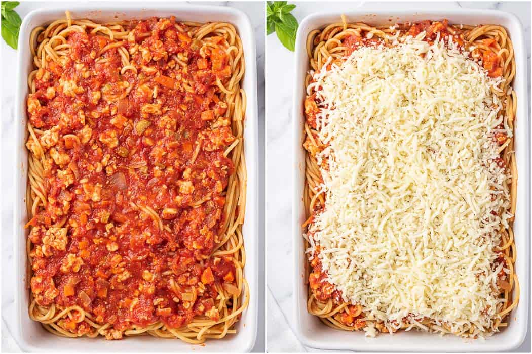 spaghetti transferred to a baking dish and topped with cheese before baking