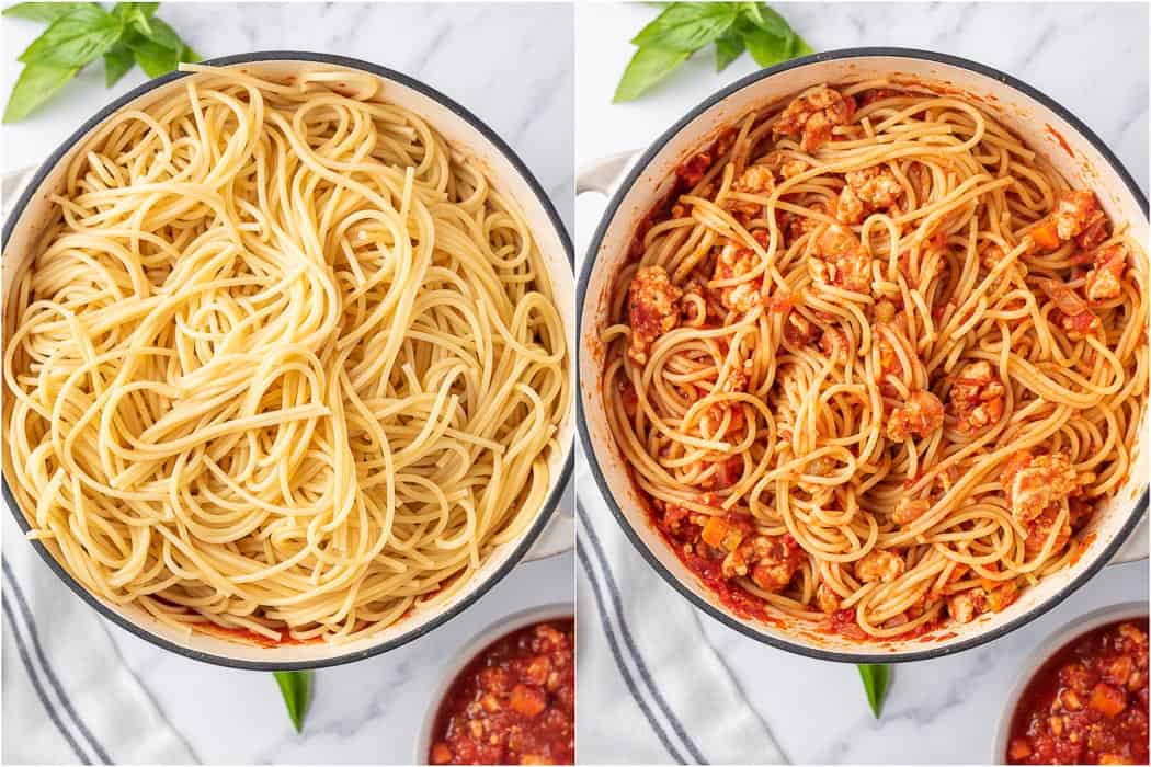 before and after mixing the spaghetti in sauce