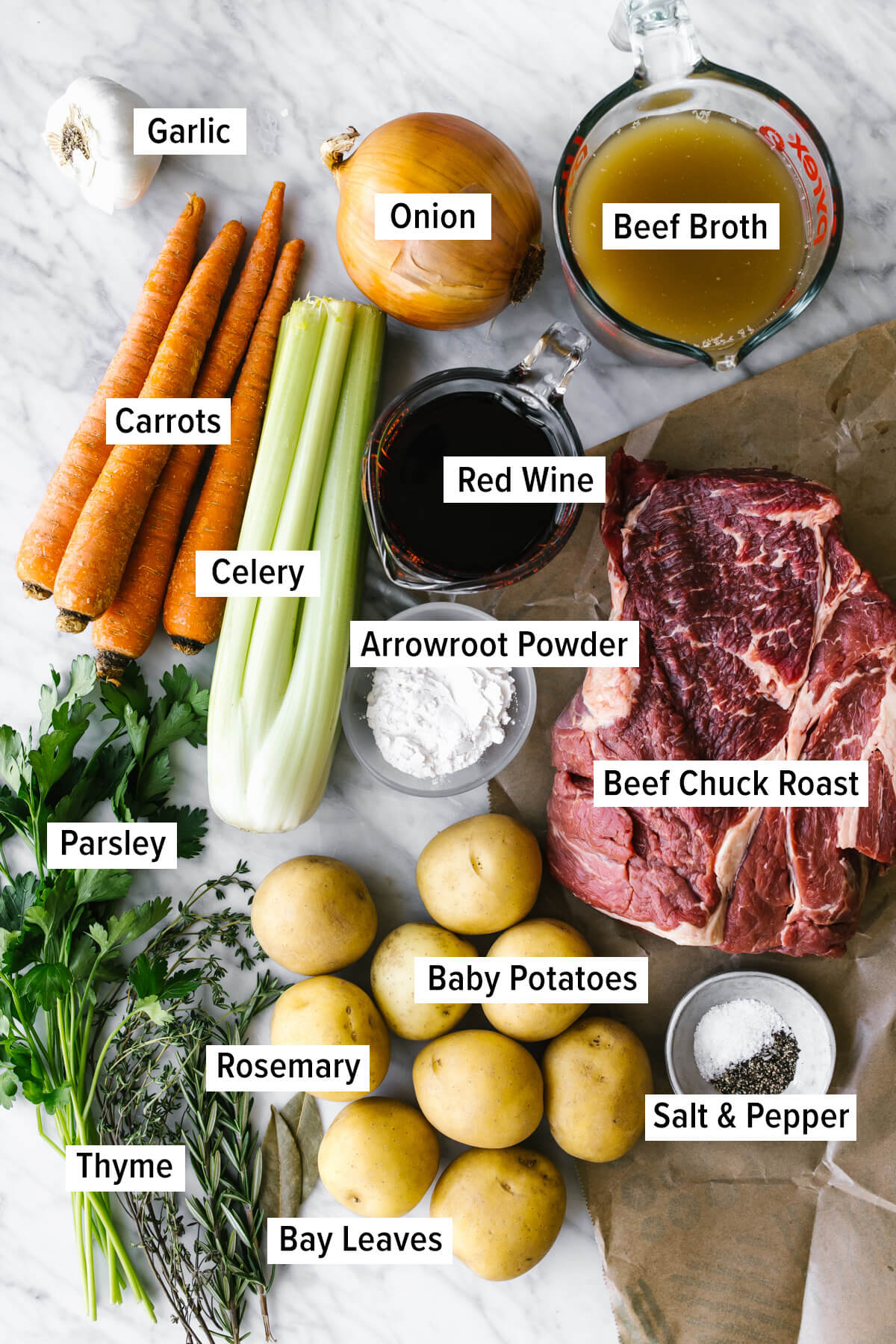 Ingredients for slow cooker pot roast on a table