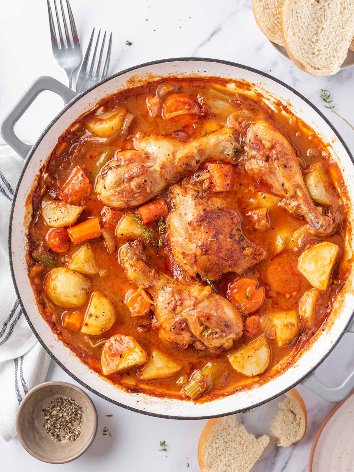 Easy chicken stew recipe with veggies in a skillet