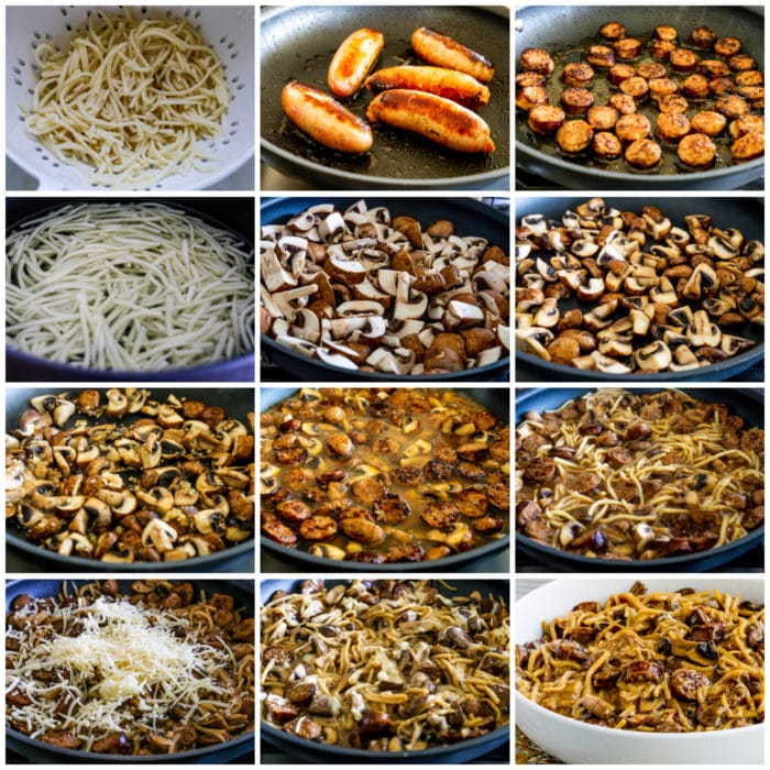 Low-Carb Pasta with Sausage and Mushrooms process shots collage