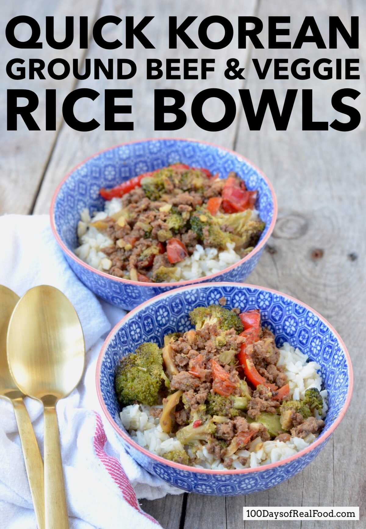 Two colorful bowls of Quick Korean Ground Beef and Veggie Rice on a table.