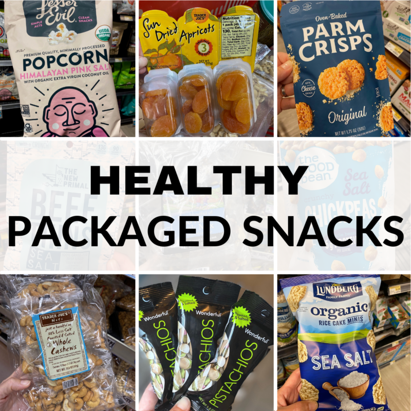 Collage of proceeding healthy store-bought snacks. 