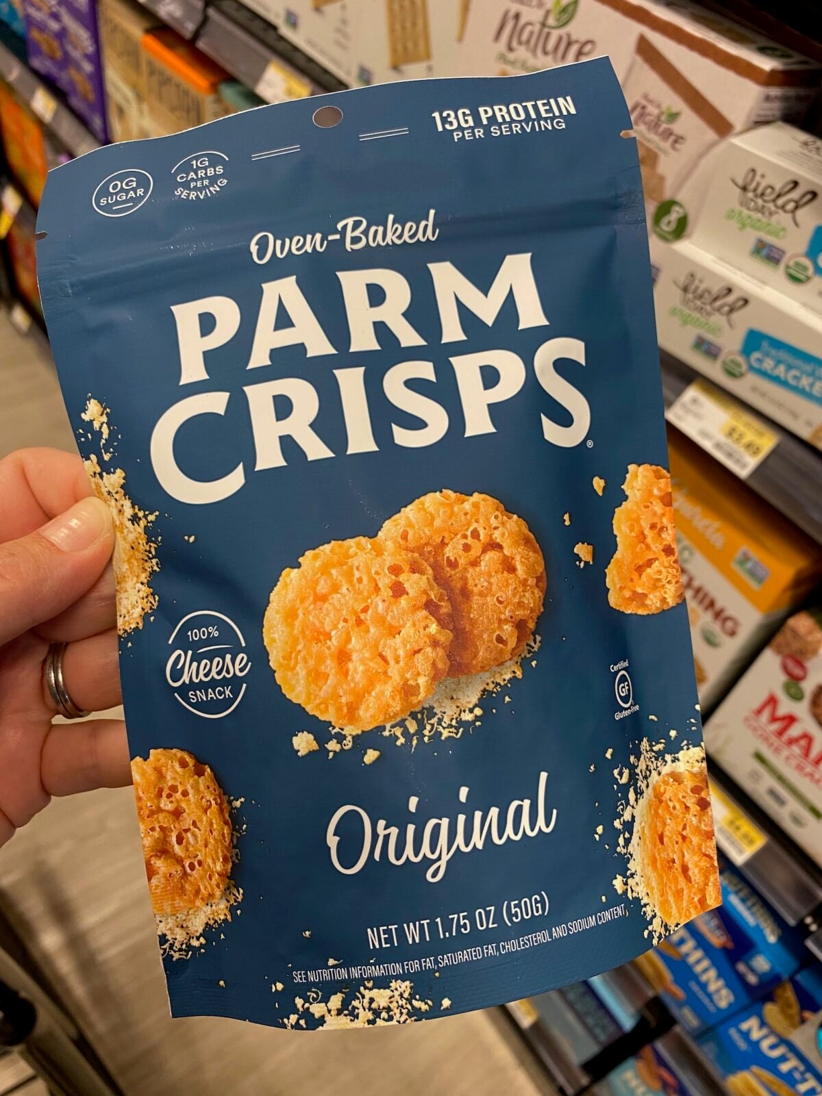 Bag of Oven-Baked Parm Crisps healthy snack