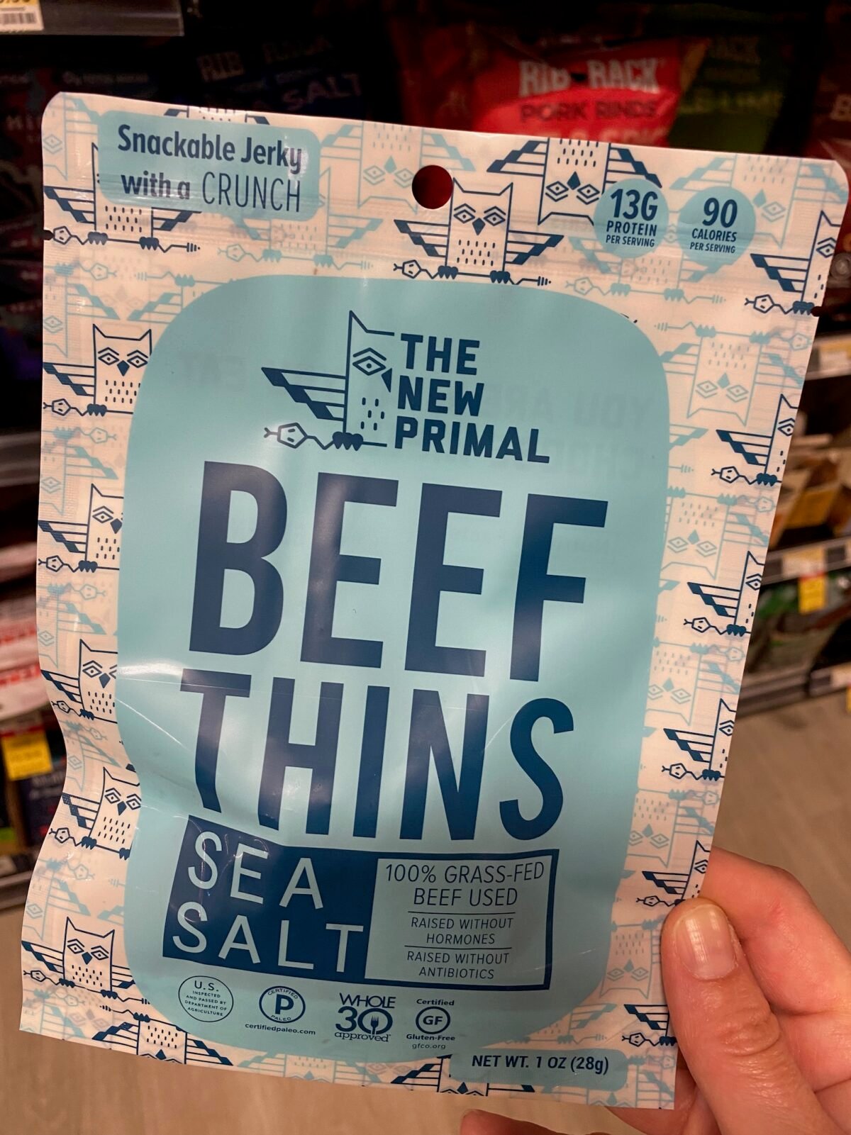 Bag of Primal Beef Thins beef jerky healthy snack