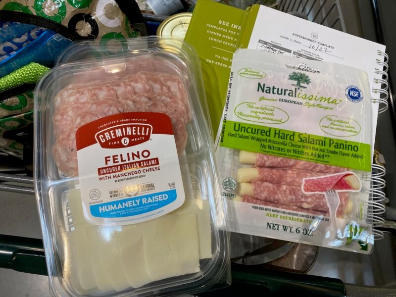 Packages of Charcuterie Plate and Salami Wrapped Cheese snacks