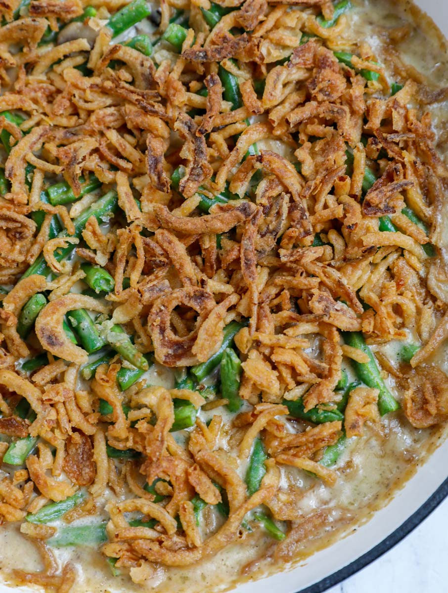 Top down shot of easy green bean casserole in a dish.